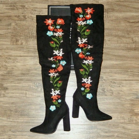 New Qupid Boots 6  OTK Over Knee Heel Black Faux Suede Embroidered Flowers - Picture 2 of 7